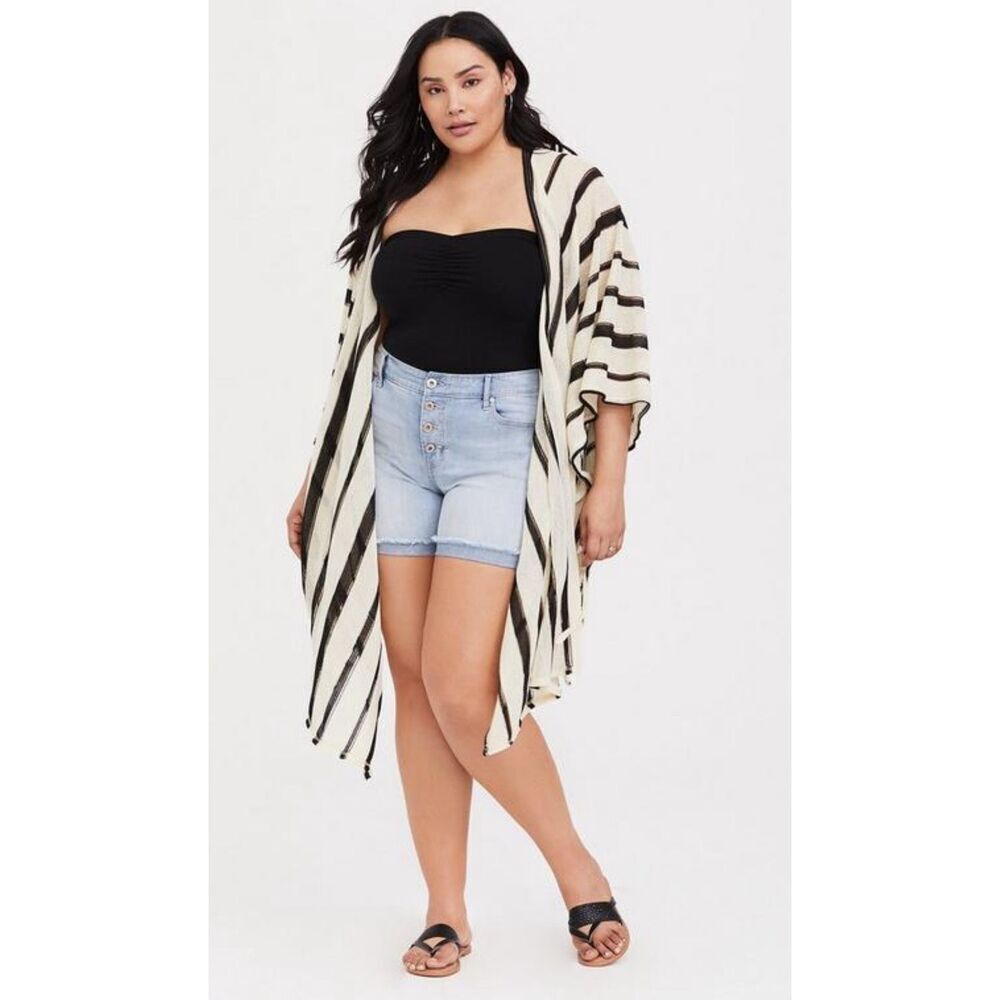 Torrid Striped Ruana Open Front Asymmetrical Kaftan Coverup Black White One Size